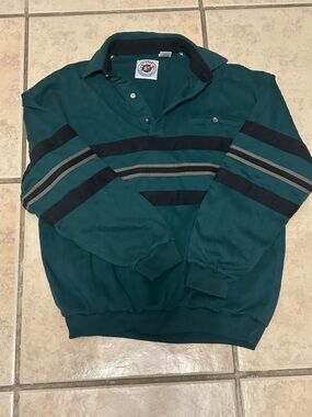Vintage 80s 90s Teal Striped Rugby Pullover with Navy & Gray Bands